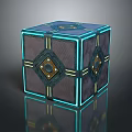 Futuristic Tech Cube Design With Blue Glowing Lines Gold Accents And Mesh Surface