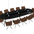 Modern Conference Table With Brown Chairs Water Bottles Notebooks And Number 18 Sign