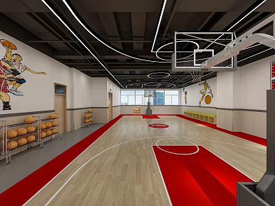 Spacious Modern Basketball Court Interior With Wooden Floor Red Zones Basketball Player Murals And Hoop 3d model