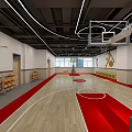 Spacious Modern Basketball Court Interior With Wooden Floor Red Zones Basketball Player Murals And Hoop