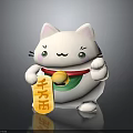 White Lucky Cat Figurine With Green Eyes Red Collar Golden Bell And Fortune Sign