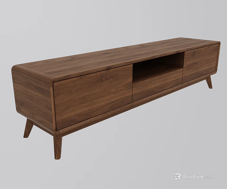 Modern Wooden TV Stand With Drawers Open Compartment And Slender Legs 3d model 