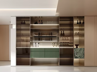 Modern Wine Cabinet Design With Glass Shelves Wine Bottles Green Doors And Marble Panel 3d model
