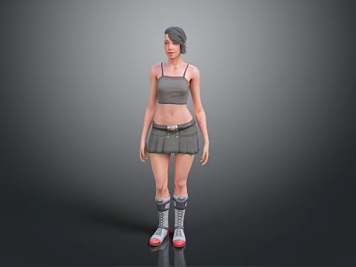 Woman wearing gray tank top gray skirt knee-high socks and sneakers with orange soles 3d model