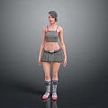 Woman wearing gray tank top gray skirt knee-high socks and sneakers with orange soles