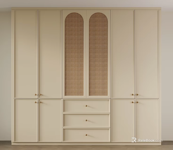 Minimalist Beige Wardrobe Interior Design With Woven Rattan Panel Doors Brass Handles And Bottom Drawers 3d model 