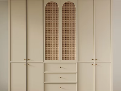 Minimalist Beige Wardrobe Interior Design With Woven Rattan Panel Doors Brass Handles And Bottom Drawers 3d model