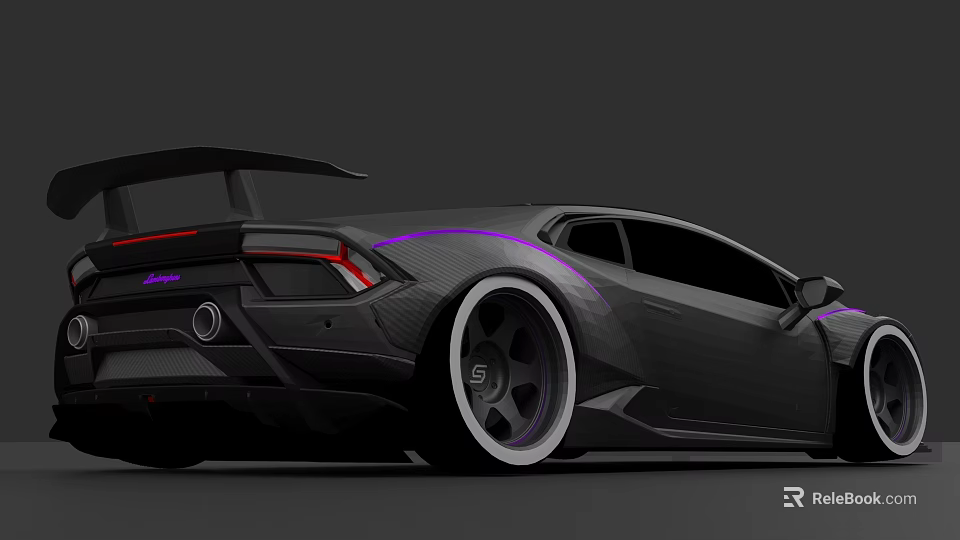 Modified Black Sports Car With Carbon Fiber Rear Spoiler And Purple Accents 3d model 