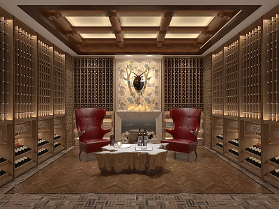 Elegant Wine Cellar Interior With Wooden Racks Red Armchairs And Herringbone Floor 3d model