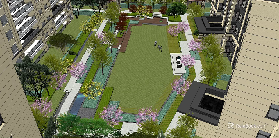 Scenic Garden Landscape With Green Lawn Flowering Trees Pathways And Parked Car 3d model 
