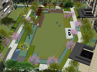 Scenic Garden Landscape With Green Lawn Flowering Trees Pathways And Parked Car 3d model