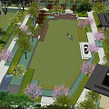 Scenic Garden Landscape With Green Lawn Flowering Trees Pathways And Parked Car
