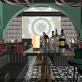 Modern Bar Interior Featuring Neon Lights Circular Decor Wine Racks Green Chairs And Patterned Tiles