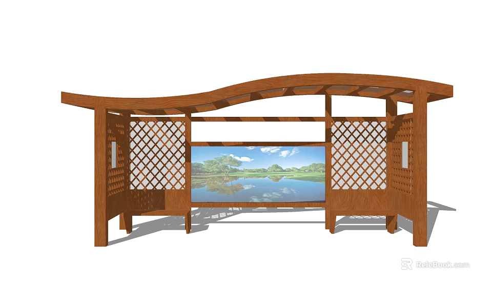Wooden Station With Curved Roof Lattice Screens And Lake View Screen 3d model 