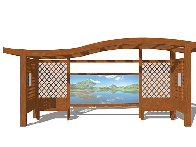 Wooden Station With Curved Roof Lattice Screens And Lake View Screen 3d model