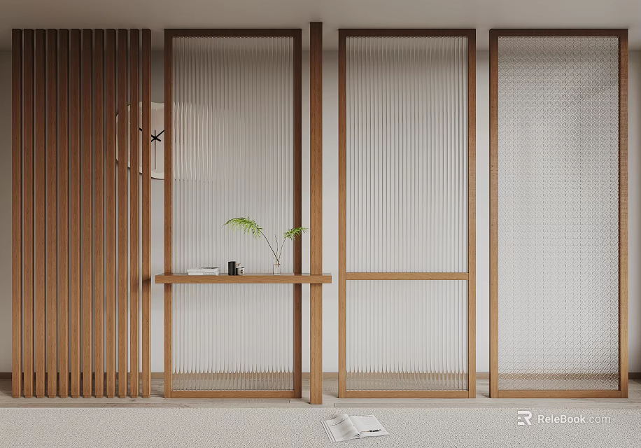 Modern Minimalist Room Dividers With Wooden Frames Glass Panels And Console Table With Small Plant 3d model 