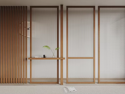 Modern Minimalist Room Dividers With Wooden Frames Glass Panels And Console Table With Small Plant 3d model