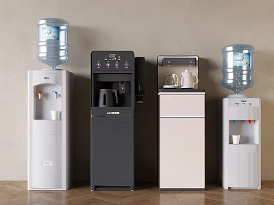 Kitchen Appliances Displaying Four Modern Water Dispensers in White Black and Beige with Water Jugs 3d model