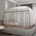 Modern Double Bed With Checkered Canopy Mosquito Net In Cozy Bedroom Interior