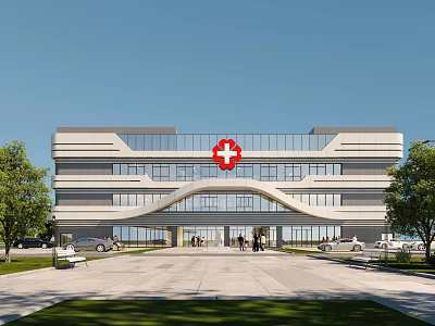 Modern Hospital Building Exterior With Red Cross Symbol Glass Windows And Entrance 3d model