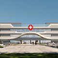 Modern Hospital Building Exterior With Red Cross Symbol Glass Windows And Entrance