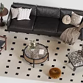 Stylish Black Leather Sofa Coffee Table Set With Decorative Pillows And Checkered Rug 3d model