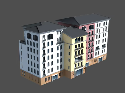 Colorful Multi story Residential Building Exterior With Arched Windows Balconies And Diverse Roofs 3d model