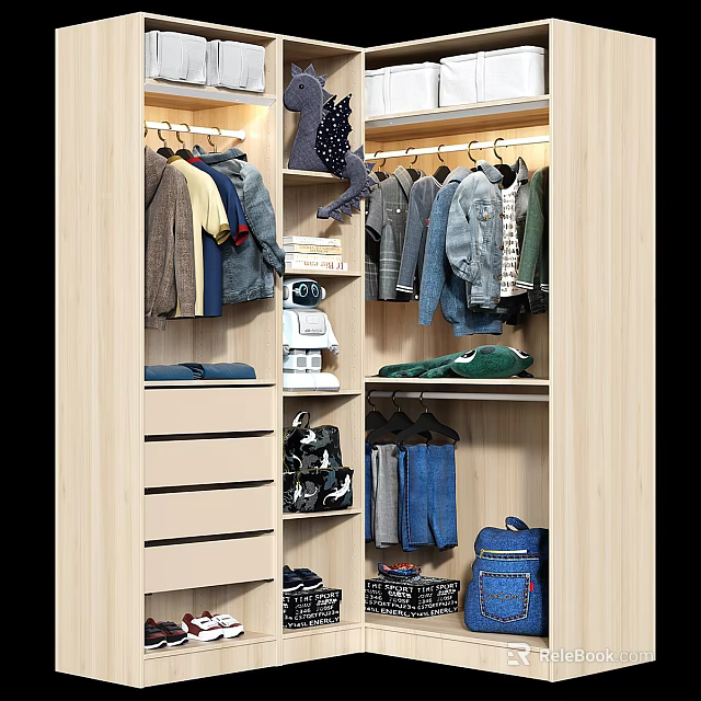 Organized Wardrobe Interior With Hanging Clothes Folded Items Drawers And Storage Baskets 3d model