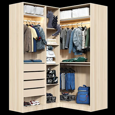 Organized Wardrobe Interior With Hanging Clothes Folded Items Drawers And Storage Baskets 3d model