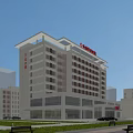 Modern Hospital Building Exterior With White High Rise Structure Red Logo Green Landscaping Trees And Benches