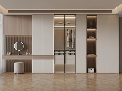 Modern Walk-in Closet Interior With Wooden White Cabinets Mirror Dressing Table Open Shelves Herringbone Floor 3d model