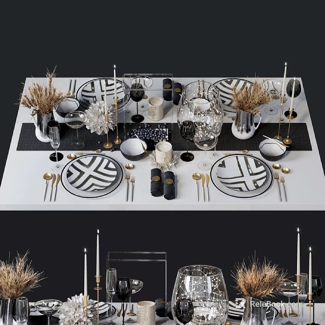 Elegant Tableware Set With Black White Patterned Plates Glassware And Decorative Candle Holders 3d model 