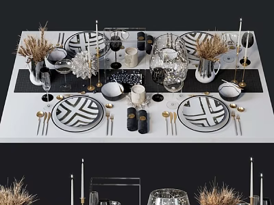 Elegant Tableware Set With Black White Patterned Plates Glassware And Decorative Candle Holders 3d model