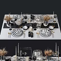 Elegant Tableware Set With Black White Patterned Plates Glassware And Decorative Candle Holders