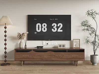 Modern Wooden TV Stand With TV Screen Lamp Dried Plants Photo Frames And Potted Plant 3d model
