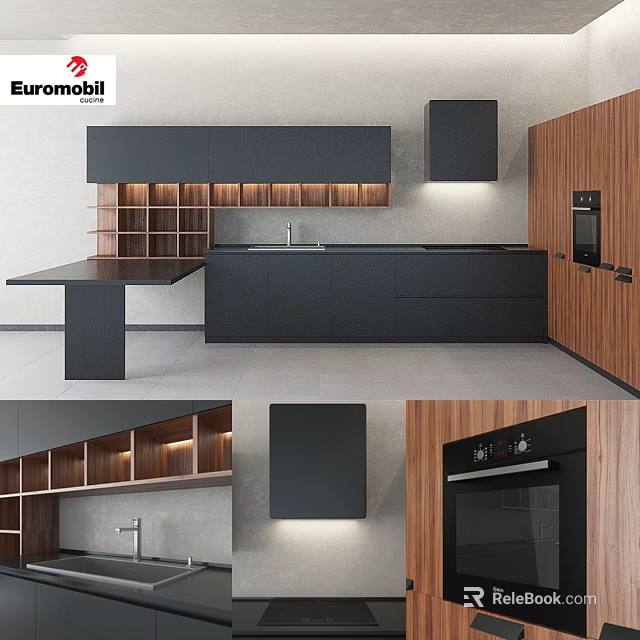 Modern Kitchen Interior Design With Black And Wooden Cabinets Island Counter 3d model 
