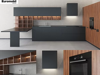 Modern Kitchen Interior Design With Black And Wooden Cabinets Island Counter 3d model