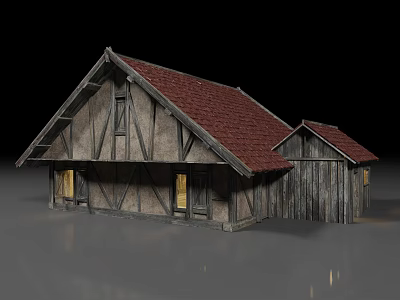 Traditional Old Cottage With Red Tiled Roof And Wooden Frame Walls 3d model