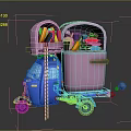 Pink Refrigerator Freezer with Open Door Filled with Colorful Fruits Vegetables Plates on Blue Cart
