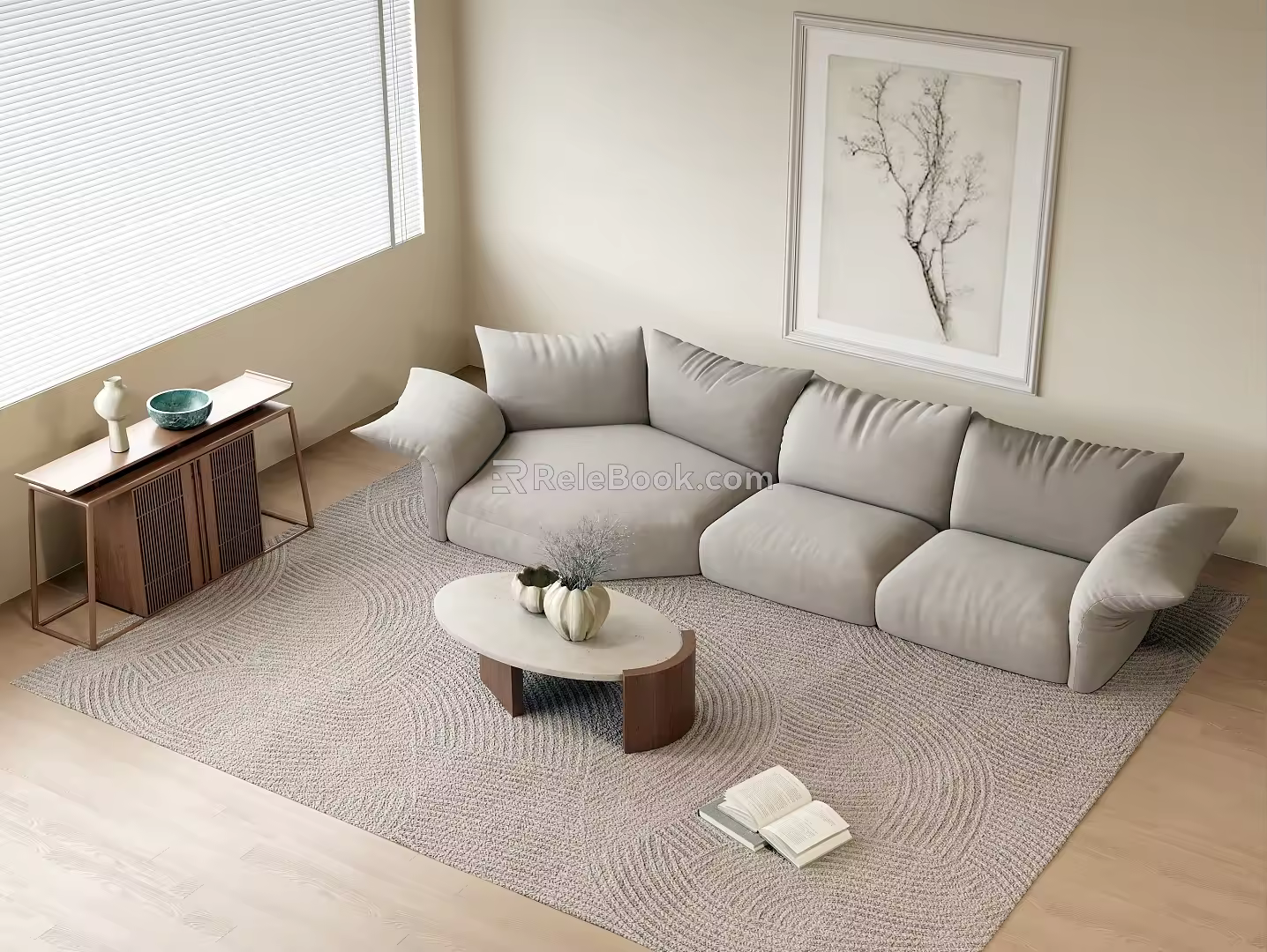Fabric Three-Person Sofa Fabric Multi-Person Sofa Solid Wood Coffee Table Solid Wood Side Cabinet Carpet Abstract Hanging Painting Flower Pot Branch Books 3d model