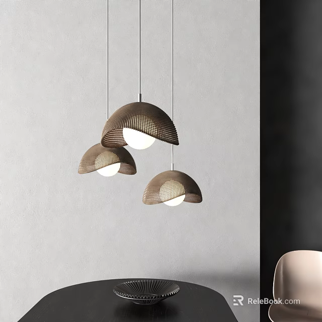 Three Brown Woven Texture Pendant Lights Hanging from Ceiling in Indoor Space with Gray Wall 3d model 