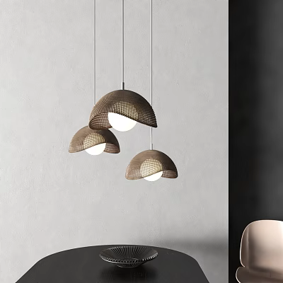 Three Brown Woven Texture Pendant Lights Hanging from Ceiling in Indoor Space with Gray Wall 3d model
