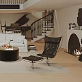 Modern Duplex Living Room Interior With White Sofas Round Coffee Table Piano And Staircase