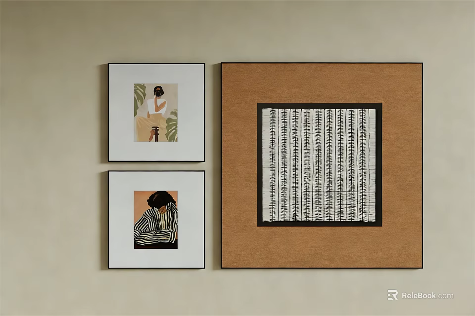 Three Framed Wall Artworks With Figurative And Abstract Paintings On Beige Wall 3d model 
