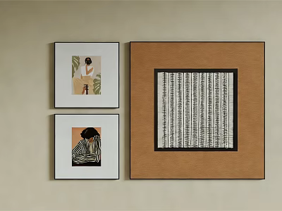 Three Framed Wall Artworks With Figurative And Abstract Paintings On Beige Wall 3d model