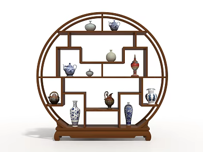 Round Wooden Chinese Display Shelf With Ceramic Vases And Decorative Porcelain Items 3d model