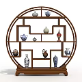 Round Wooden Chinese Display Shelf With Ceramic Vases And Decorative Porcelain Items