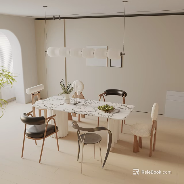 Modern Minimalist Dining Table Set With Marble Top Mixed Chairs And Hanging Lights 3d model