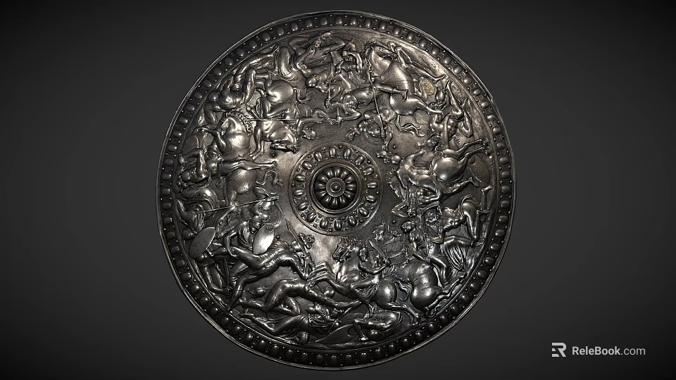 Circular Silver Platter With Intricate Relief Carvings Central Motif And Horseback Standing Figures 3d model 