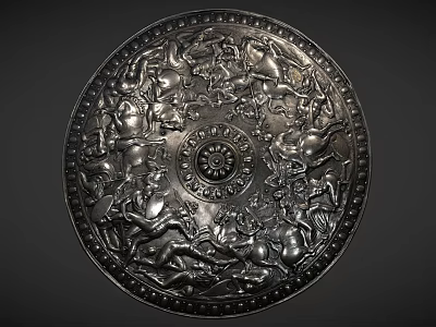 Circular Silver Platter With Intricate Relief Carvings Central Motif And Horseback Standing Figures 3d model